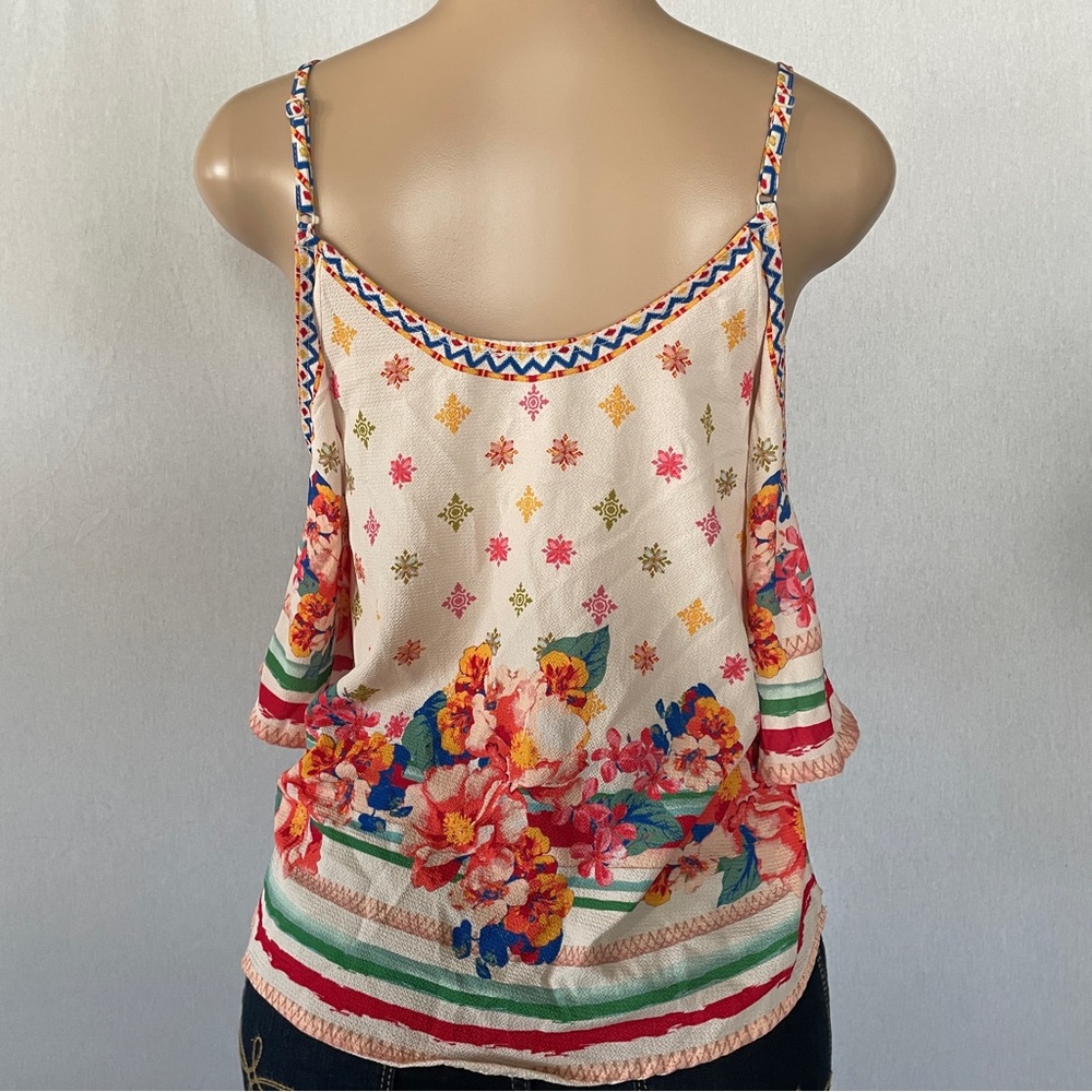 Flying Tomato Sz XS Blouse Women Beige Pullover Cold Shoulder V-Neck Boho Preppy - Picture 3 of 9